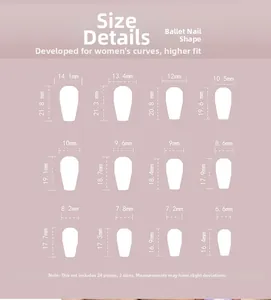 Sizing chart for 3D flower ballerina press-on nails featuring 12 different sizes