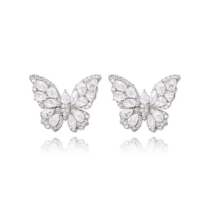 Sparkling silver butterfly stud earrings with drop-shaped cubic zirconia crystals