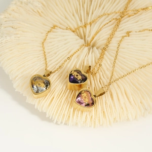Gold MOM necklaces with heart birthstone crystals in clear, purple and pink colors
