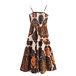Women Spaghetti Strap Maxi Dress Ethnic Print Bohemian Smocked Vacation Tiered Long Sundress With Belt
