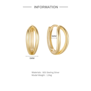 Detailed size view of gold S925 sterling silver hoop earrings with 9mm inner diameter