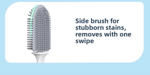 Close-up of grey TPR toilet brush head with side scraper for tough stain removal