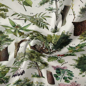 Close-up of vintage botanical plant illustration on cotton linen tapestry fabric texture