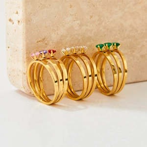 Three-piece gold plated stainless steel ring set with pink, white and green zircon stones