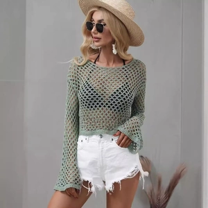 Women's green crochet knit sweater with flare sleeves and hollow out design for summer