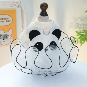 Close-up of a white panda pet dress featuring a mesh tutu skirt and metal D-ring for leash