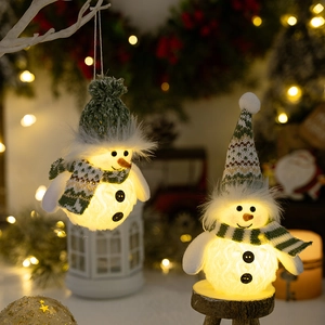 Detailed close-up of glowing snowman ornament with green knit hat for Christmas decor