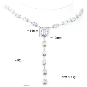Detail view of long Y-shaped necklace with silver-tone zircons and 9cm fringe drop