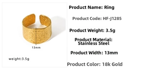 Close-up of 13mm wide 18k gold-plated stainless steel ring with hammered texture