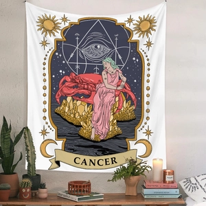 Macro detail of Cancer zodiac tapestry featuring tarot style illustration on white fabric