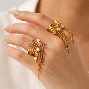 Golden fringe stainless steel open ring set with elegant pearls and sparkling zircon