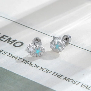Starfish Shell Cartilage Stud Earring Blue Enamel Zircon Titanium Steel Screw Back Piercing Ocean Beach Style Jewelry