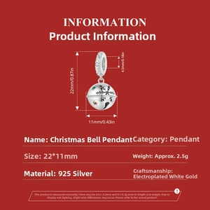Detailed S925 sterling silver Christmas bell charm with enamel snowflake and size specs