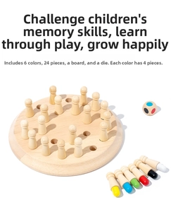 Detail of wooden memory chess with 24 colored pegs and circular board for kids' training