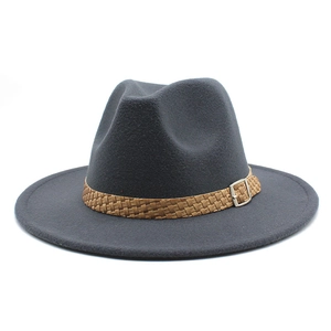 Detail of dark gray wool felt hat with woven brown band and silver metal buckle