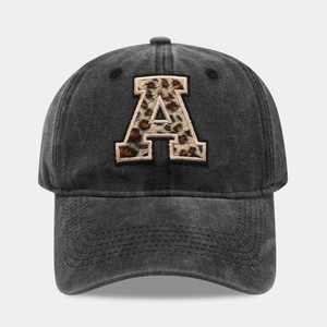 Vintage dark grey washed cotton baseball cap with leopard print letter A embroidery