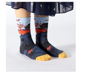 Artistic graffiti cotton socks featuring vibrant abstract patterns and a yellow toe cap