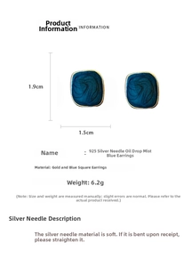 Detailed view of square blue enamel earrings with dimensions 1.9cm and 1.5cm indicated
