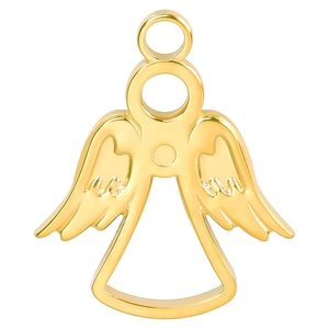 Macro detail of 18k gold plated angel wing pendant with polished metal finish