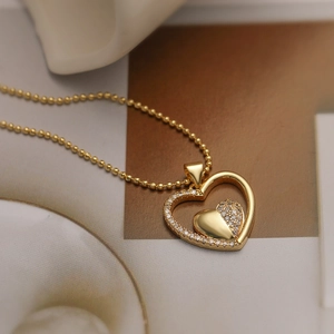 18K gold plated copper heart pendant necklace with shimmering zircon stones on ball chain
