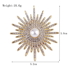 Fashion sunflower brooch with pearls and crystals, gold alloy base, 5.8cm x 5.2cm