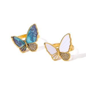 Vintage 18k gold plated stainless steel butterfly ring with blue enamel and rhinestones