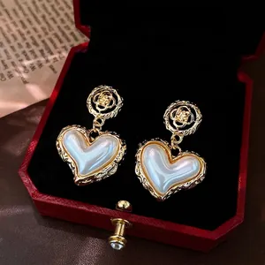 Hollow Flower Heart Drop Earrings With 925 Sterling Silver Earring Post Copper Faux Artificial Pearl French Vintage Jewelry