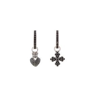 Hip-hop asymmetric earrings featuring black zircon cross and heart crown in silver finish