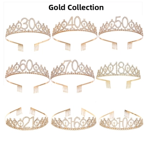 Detailed collection of nine golden rhinestone birthday tiaras with age numbers