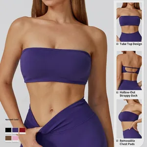 Seamless purple sports bra and leggings set with hollow back and removable pads