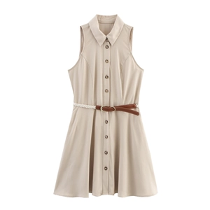 Ärmelloses Hemd Minikleid Mit Geflochtenem Gürtel Reverskragen Einreihig Hohe Taille Leinenoptik Elegant Damen