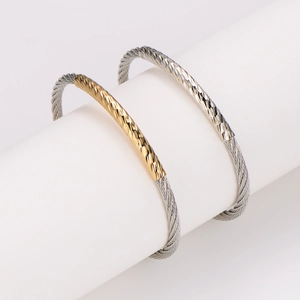 Two-tone 18K gold and silver stainless steel cable wire cuff bracelets for women