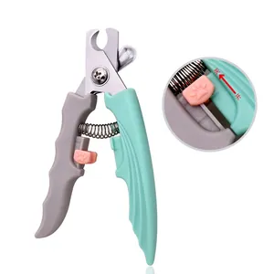 Detail of stainless steel pet nail clippers with ergonomic grip and cat paw safety lock