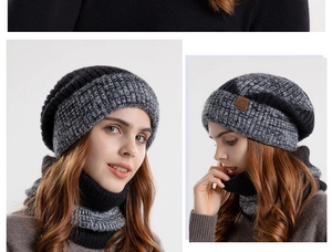 Detail der dicken Strickmütze und des Halswärmer-Sets mit Kunstfellfutter für den Winter