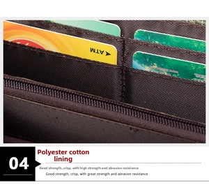 Détail de la doublure en polycoton durable et des fentes pour cartes du portefeuille