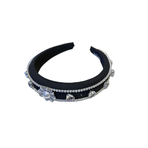 Luxurious black sponge headband with sparkling rhinestones and a large center pearl