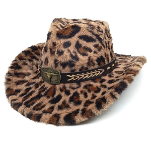 Leopard print plush western cowboy hat with leather band and metal bull head buckle