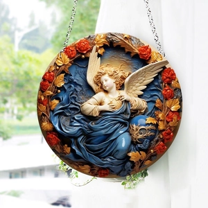 Detail of angel and red roses on a round acrylic hanging ornament with gloss finish
