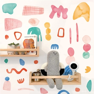 Abstract watercolor geometric wall stickers with colorful wavy lines and shapes for nursery