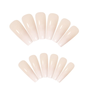 Glossy nude pink gradient coffin press-on nails set with long trapezoid shape for women