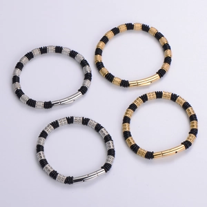 Men's stainless steel beaded bracelets in gold and silver finish with black accents