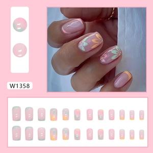 Pink and purple French press-on nails with floral patterns and contrast tips set