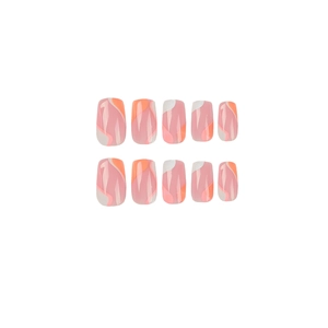 Short square press-on nails with orange, pink and white abstract wave patterns
