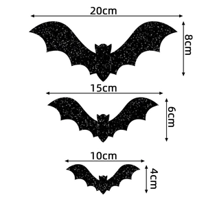 Stickers muraux chauve-souris 3D pailletés noirs pour Halloween en trois tailles