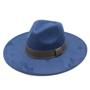 Detailed top view of navy blue wool fedora hat with a contrasting brown grosgrain ribbon band