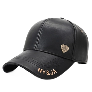 Fleece lined black PU leather baseball cap with bronze shield emblem and embroidery