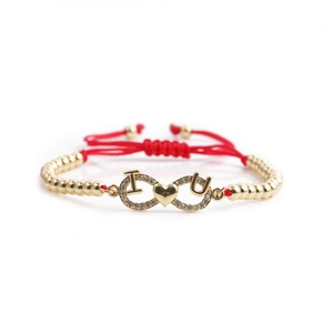 Gold infinity I Love You bracelet with red braided cord and white crystals