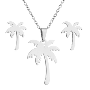 Silver stainless steel coconut tree jewelry set with necklace and earrings for beach style