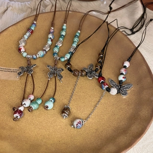 Vintage Ethnic Style Butterfly Pendant Necklace Hand-Woven Braided Rope Ceramic Beads Adjustable Jewelry Women
