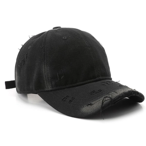 Retro washed black cotton baseball cap with distressed details for outdoor sports sun protection